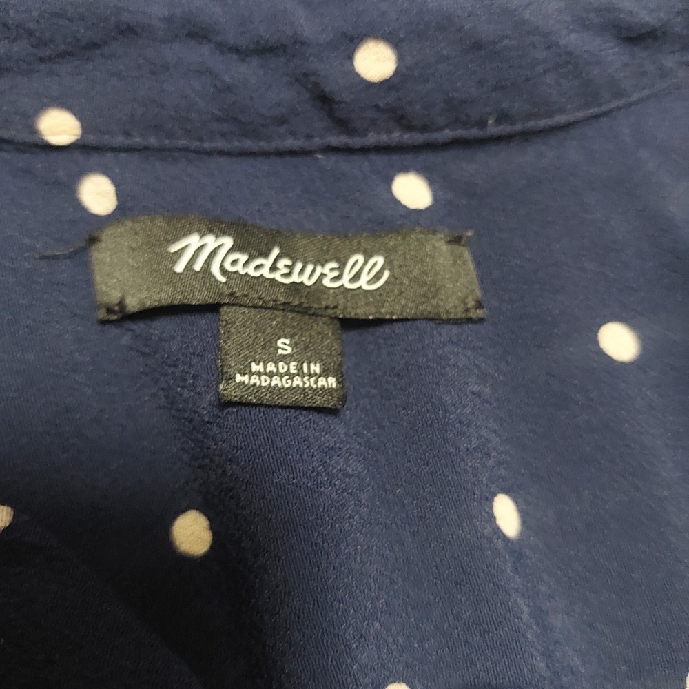 Madewell Womens Small Button Down Shirt High Low Navy Polka Dots Cap Sleeves - Picture 6 of 9